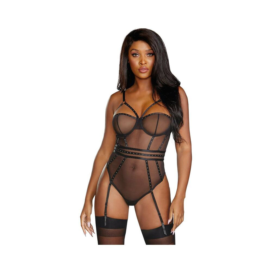 Dreamgirl Sheer Stretch Mesh Snap Crotch Teddy With Removable Garters Black Small Hanging - Zateo Joy