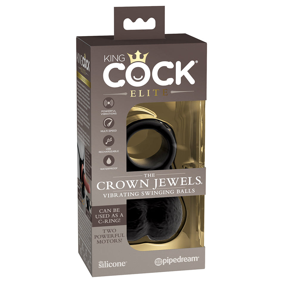 Pipedream King Cock Elite The Crown Jewels Vibrating Swinging Balls Rechargeable Cockring Black - Zateo Joy