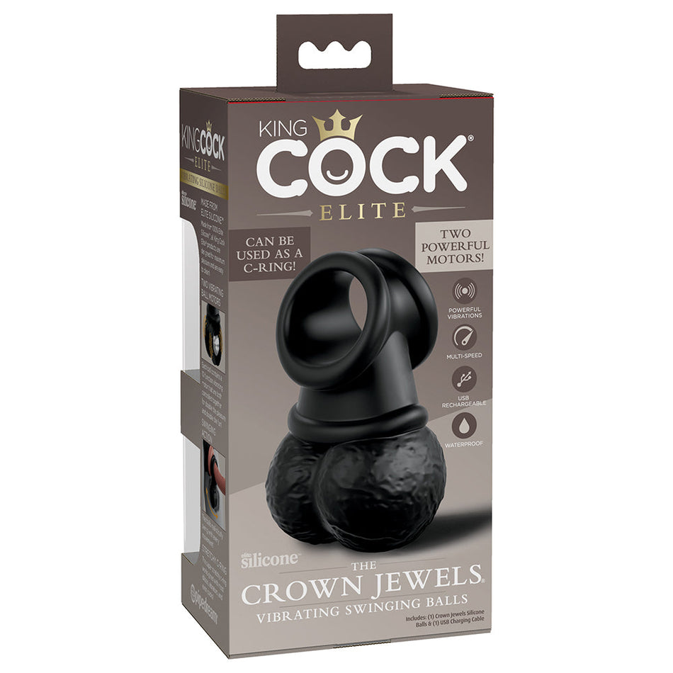 Pipedream King Cock Elite The Crown Jewels Vibrating Swinging Balls Rechargeable Cockring Black - Zateo Joy
