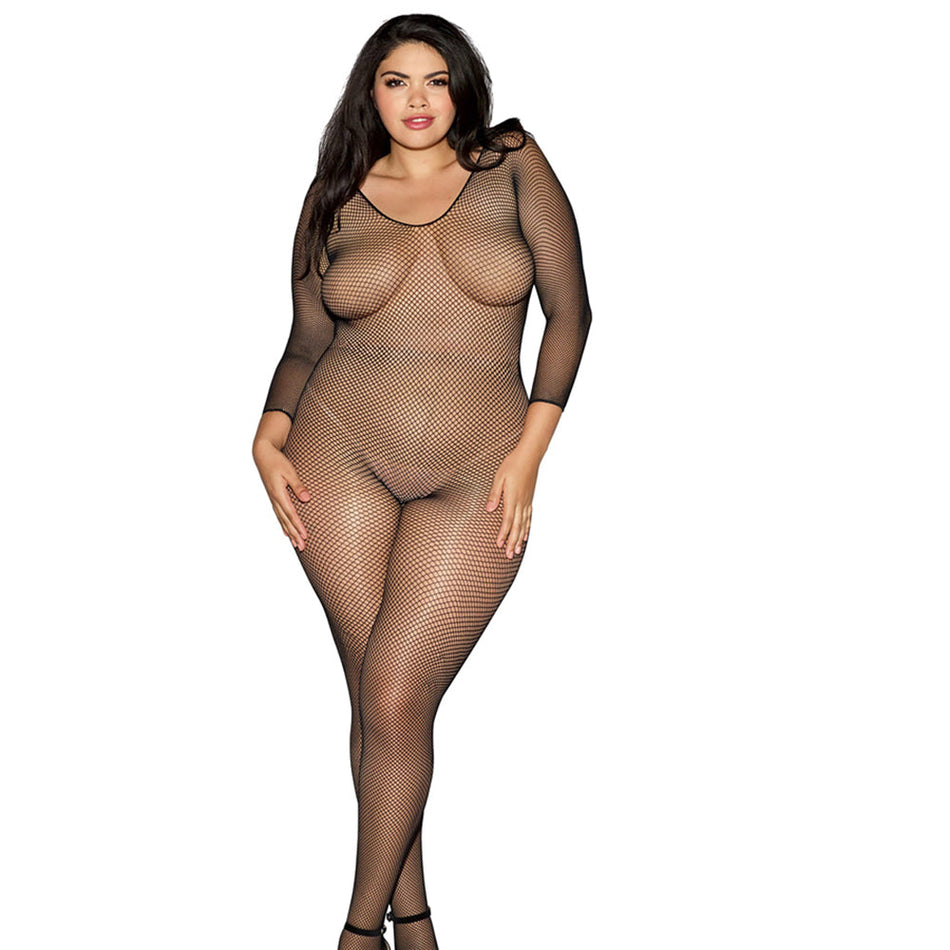 Dreamgirl Longsleeve Fishnet Bodystocking with Open Crotch Black Queen - Zateo Joy