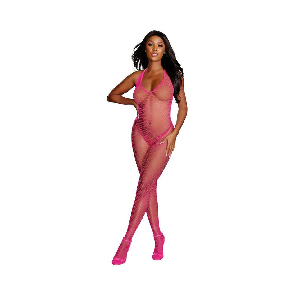 Dreamgirl Diamond-Net Halter Bodystocking With Open Crotch Neon Pink OS - Zateo Joy