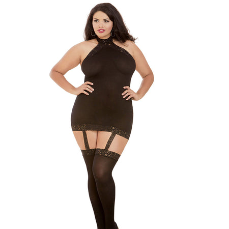 Dreamgirl Semi-Sheer Halter Garter Dress With Snap-Neck Closure and Thigh-Highs Black Queen - Zateo Joy