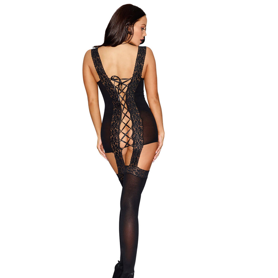 Dreamgirl Sheer Stretch Lace Garter Dress With Lace-Trimmed Straps Black OS - Zateo Joy