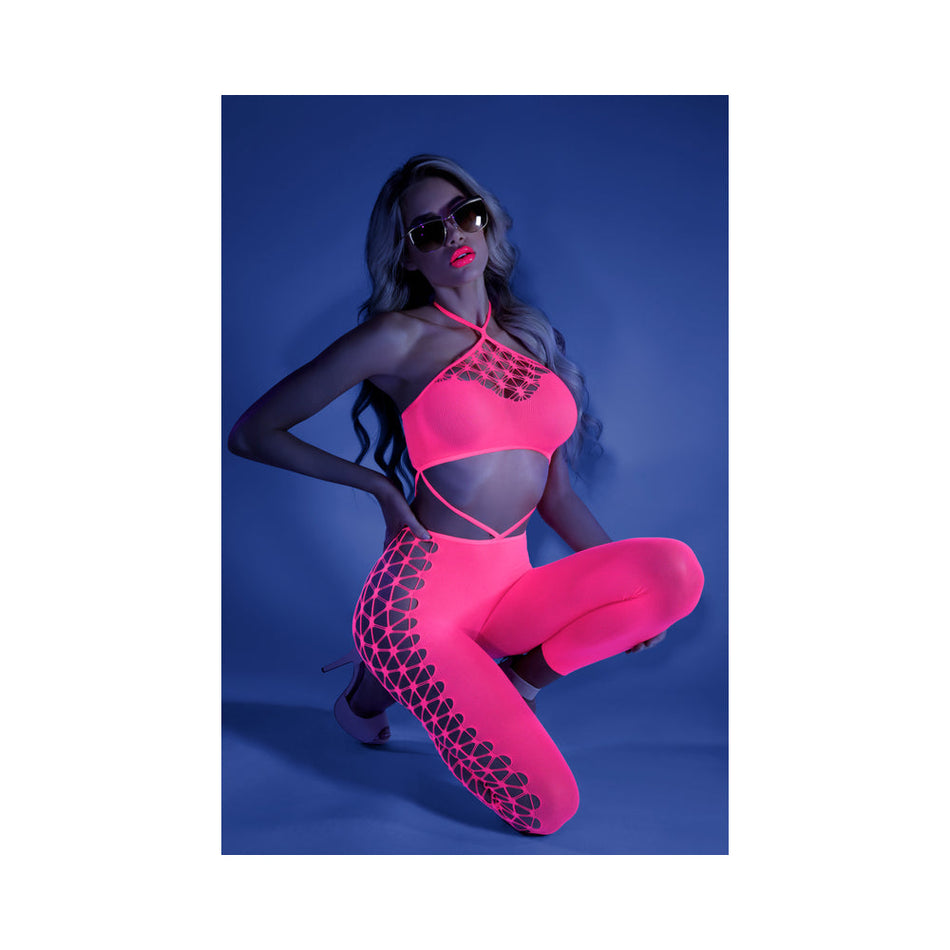 Fantasy Lingerie Glow Own The Night Cropped Cut-Out Halter Bodystocking Neon Pink O/S - Zateo Joy