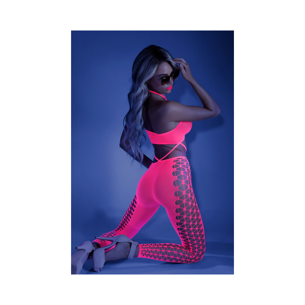 Fantasy Lingerie Glow Own The Night Cropped Cut-Out Halter Bodystocking Neon Pink O/S - Zateo Joy
