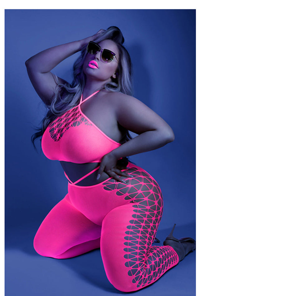 Fantasy Lingerie Glow Own The Night Cropped Cut-Out Halter Bodystocking Neon Pink Queen Size - Zateo Joy