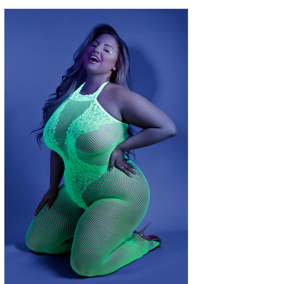 Fantasy Lingerie Glow Moonbeam Crotchless Bodystocking Green Queen Size - Zateo Joy