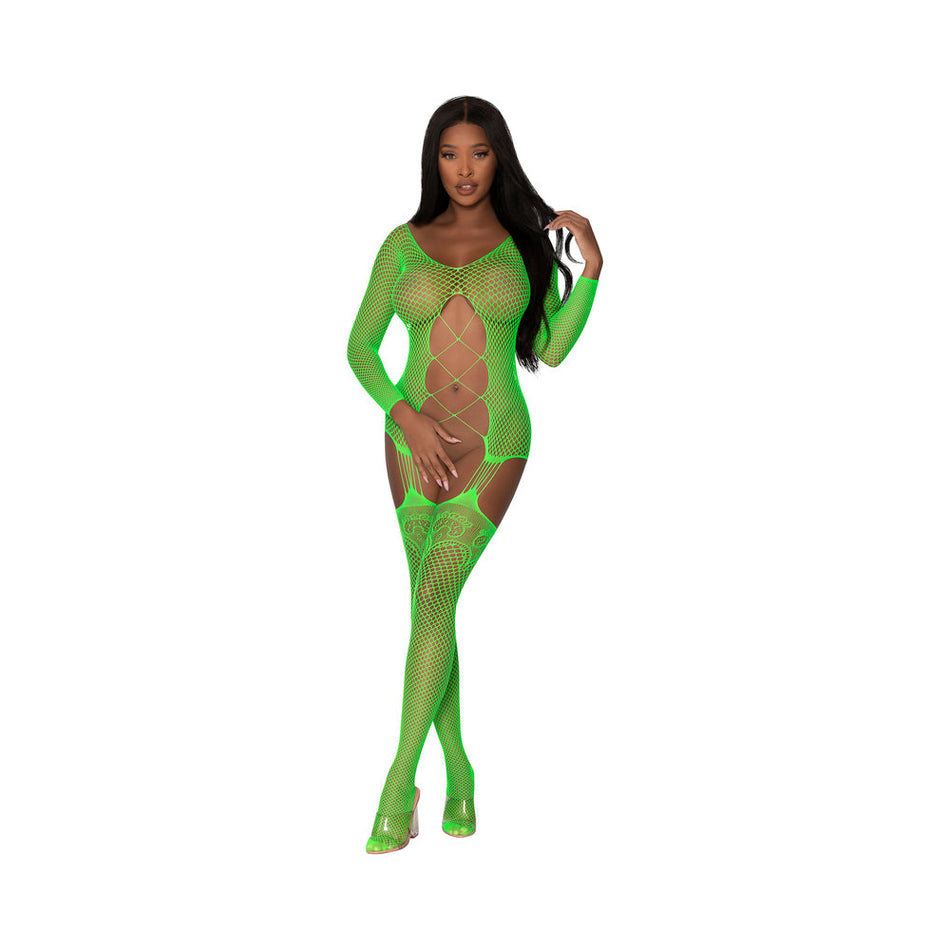 Magic Silk Seamless Fishnet Gartered Catsuit Lime OS - Zateo Joy