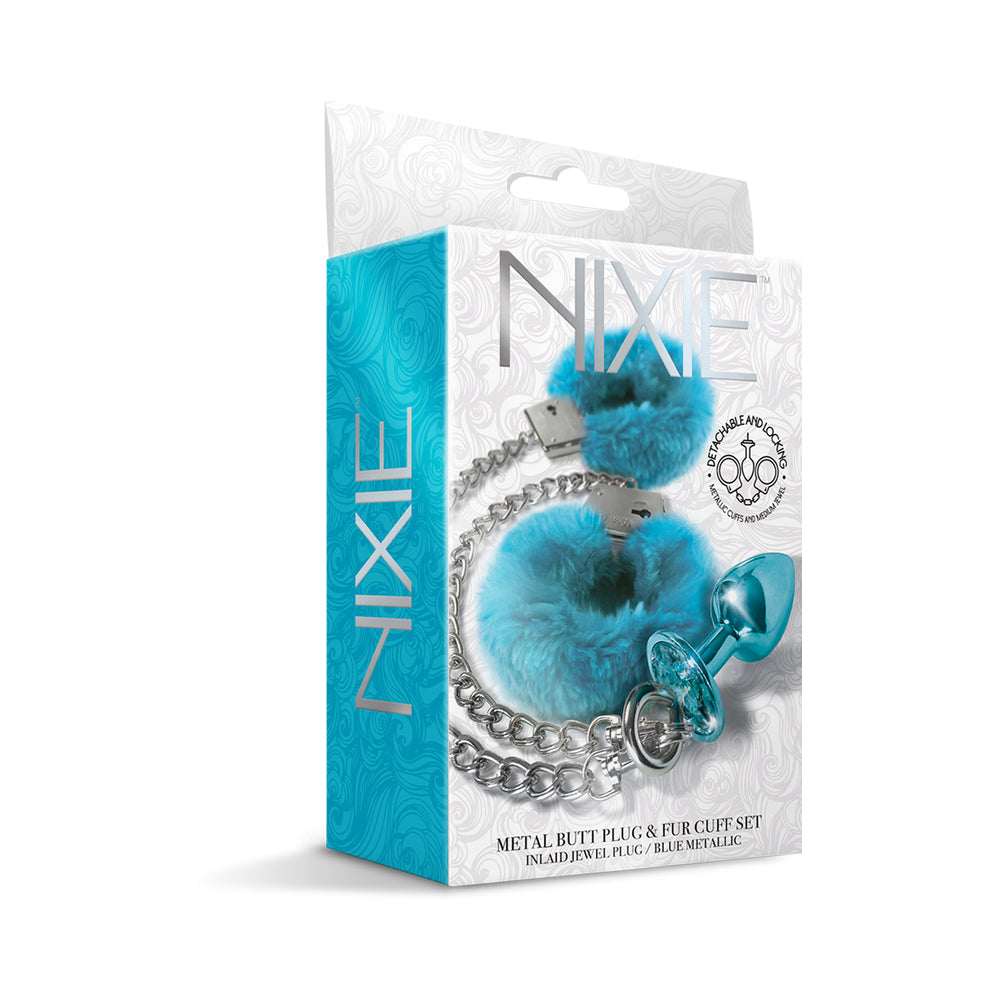 Nixie Metal Butt Plug & Furry Handcuff Set Medium Blue Metallic - Zateo Joy