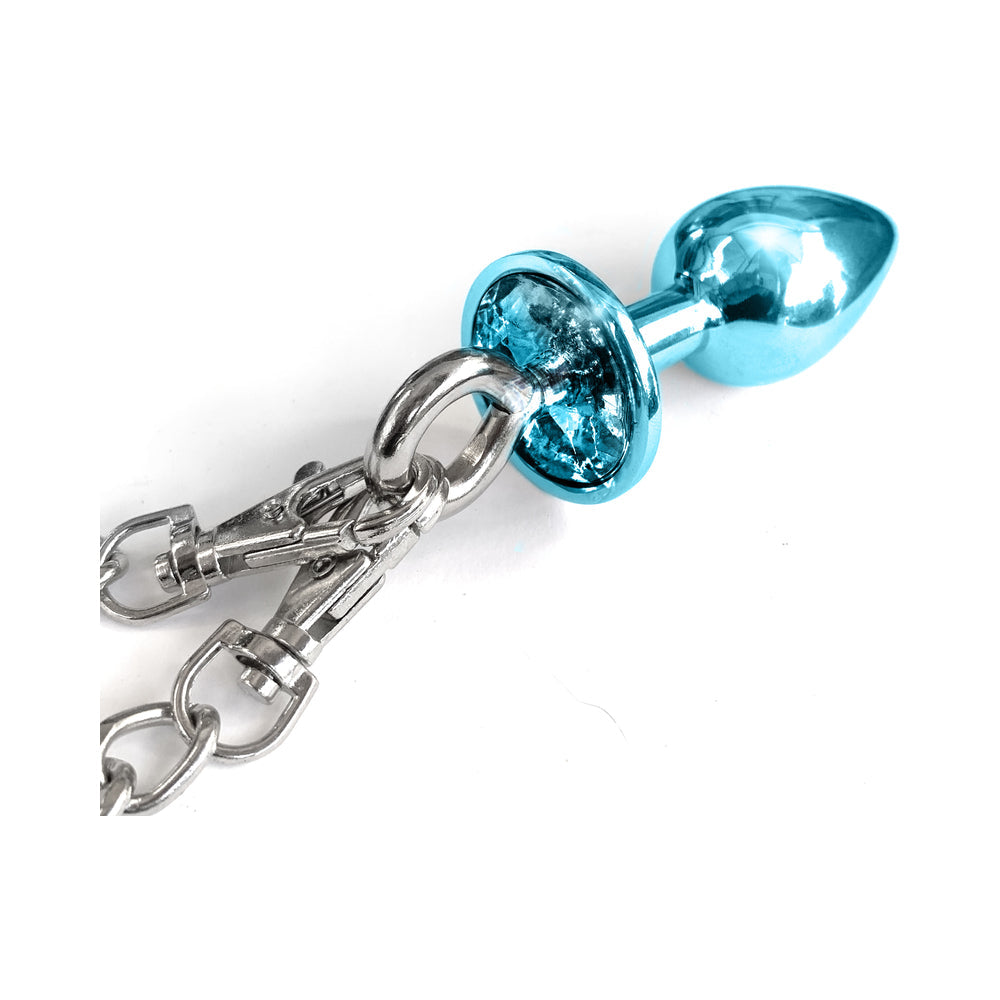 Nixie Metal Butt Plug & Furry Handcuff Set Medium Blue Metallic - Zateo Joy