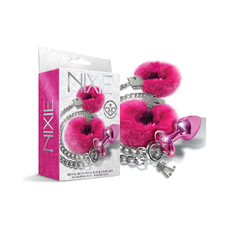 Nixie Metal Butt Plug & Furry Handcuff Set Medium Pink Metallic - Zateo Joy