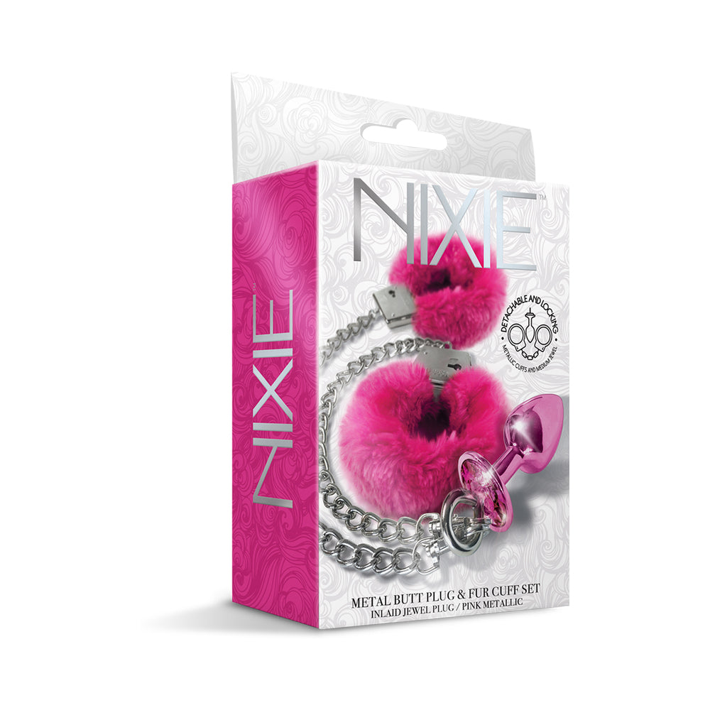 Nixie Metal Butt Plug & Furry Handcuff Set Medium Pink Metallic - Zateo Joy