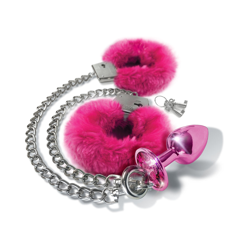 Nixie Metal Butt Plug & Furry Handcuff Set Medium Pink Metallic - Zateo Joy