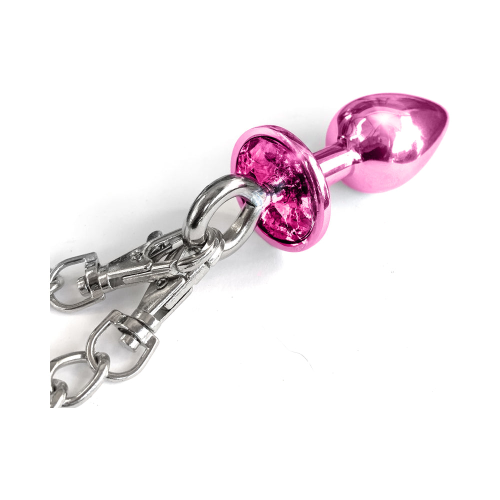 Nixie Metal Butt Plug & Furry Handcuff Set Medium Pink Metallic - Zateo Joy