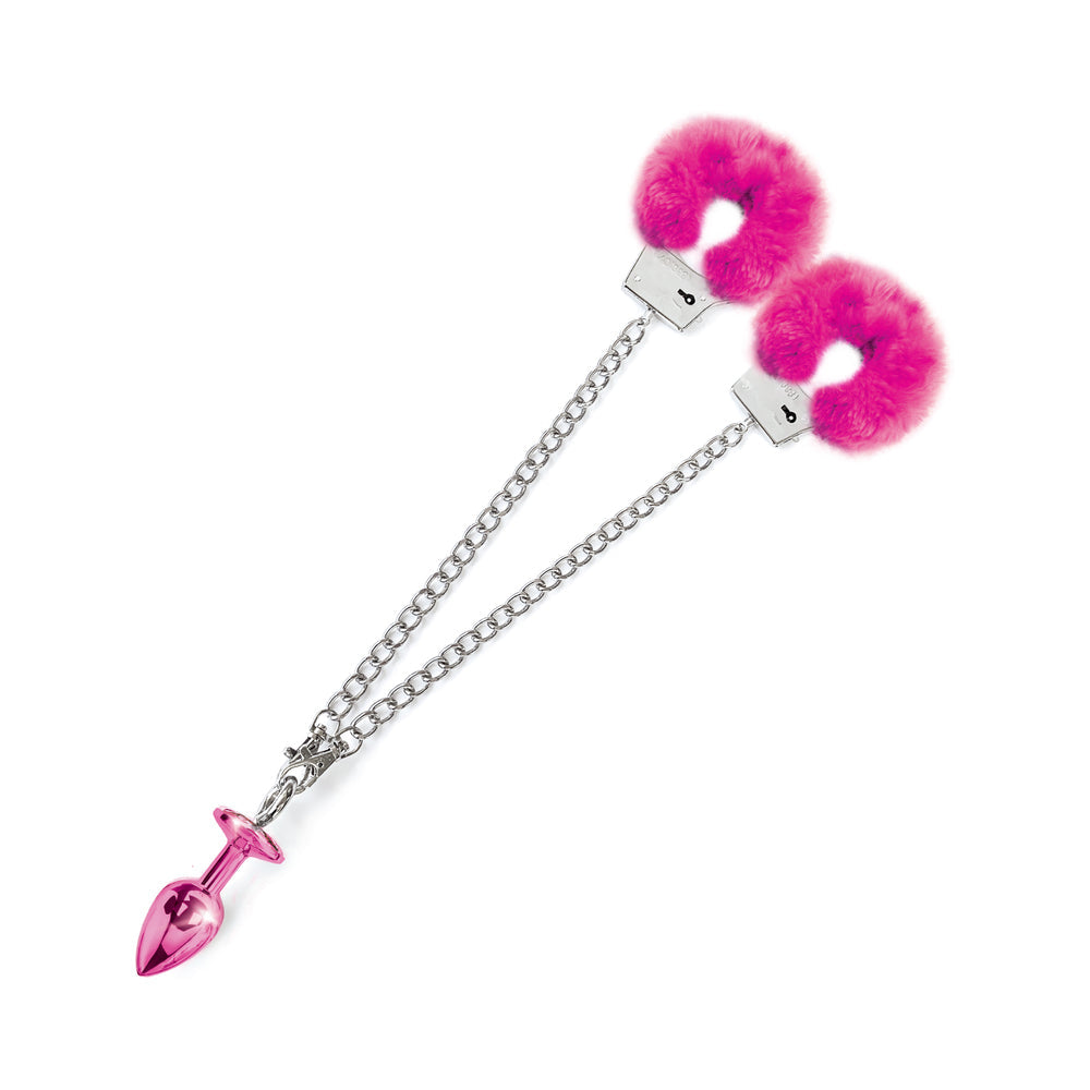 Nixie Metal Butt Plug & Furry Handcuff Set Medium Pink Metallic - Zateo Joy