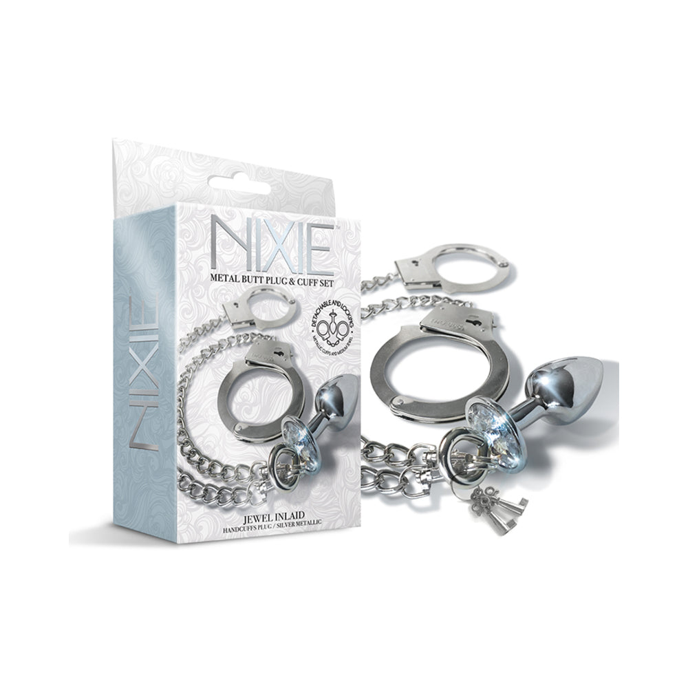 Nixie Metal Butt Plug & Handcuffs Set Silver - Zateo Joy