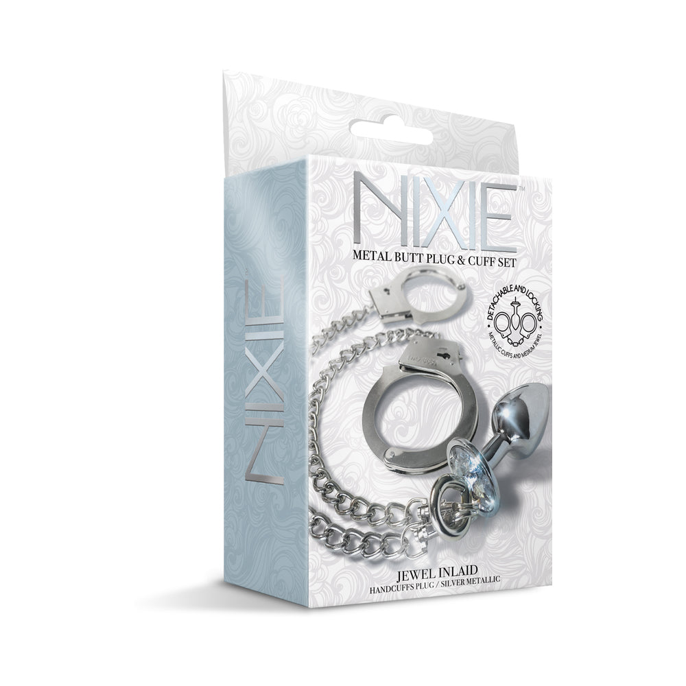 Nixie Metal Butt Plug & Handcuffs Set Silver - Zateo Joy