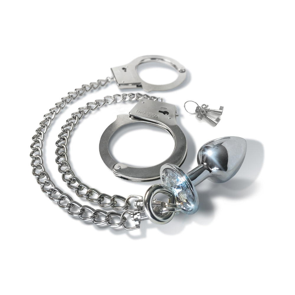 Nixie Metal Butt Plug & Handcuffs Set Silver - Zateo Joy