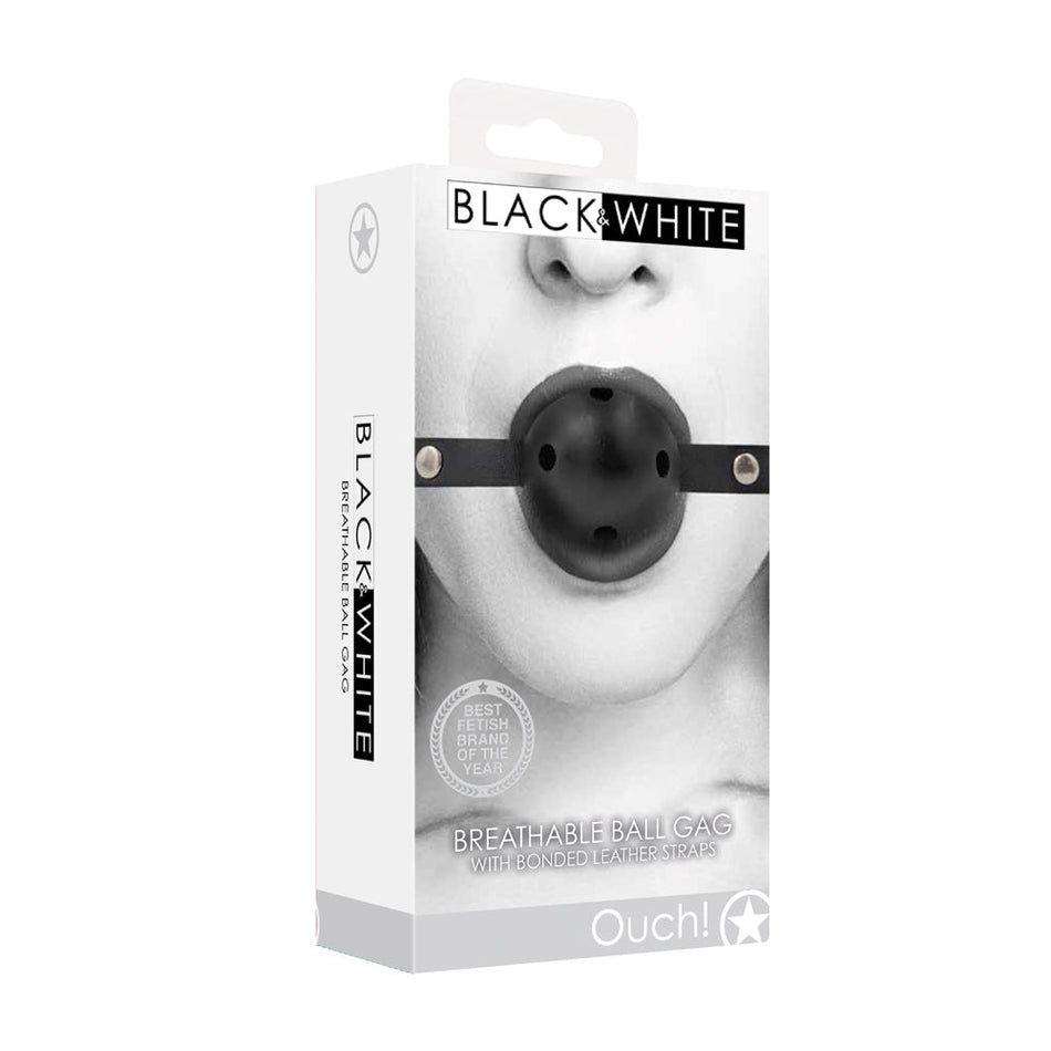 Ouch! Black & White Breathable Ball Gag With Bonded Leather Straps Black - Zateo Joy