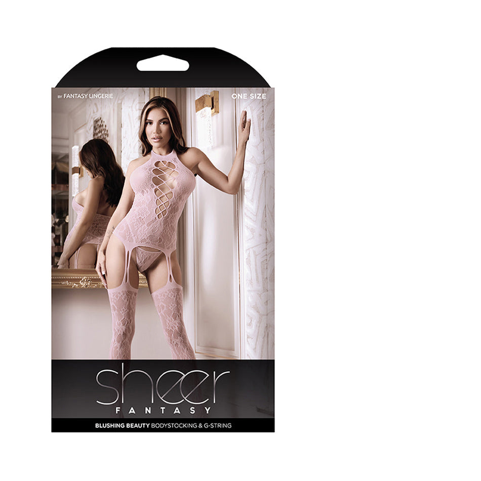 Fantasy Lingerie Sheer Blushing Beauty Bodystocking & G-String Light Pink O/S - Zateo Joy