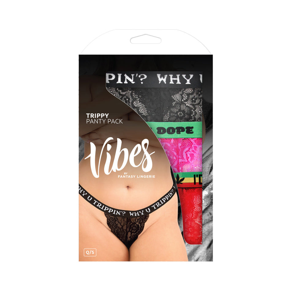 Fantasy Lingerie Vibes Trippy Vibes Pack 3-Piece Lace Thong Panty Set Black/Red/Pink Queen Size - Zateo Joy