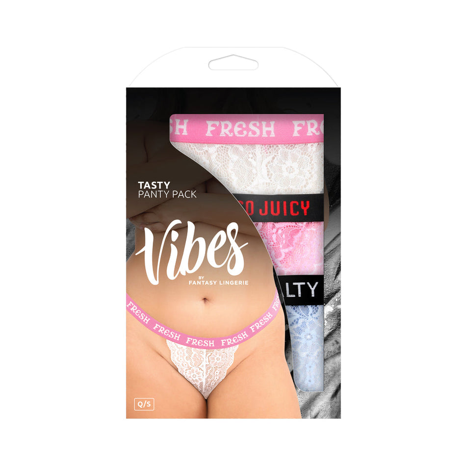 Fantasy Lingerie Vibes Tasty Vibes Pack 3-Piece Lace Thong Panty Set Blue/Pink/White Queen Size - Zateo Joy
