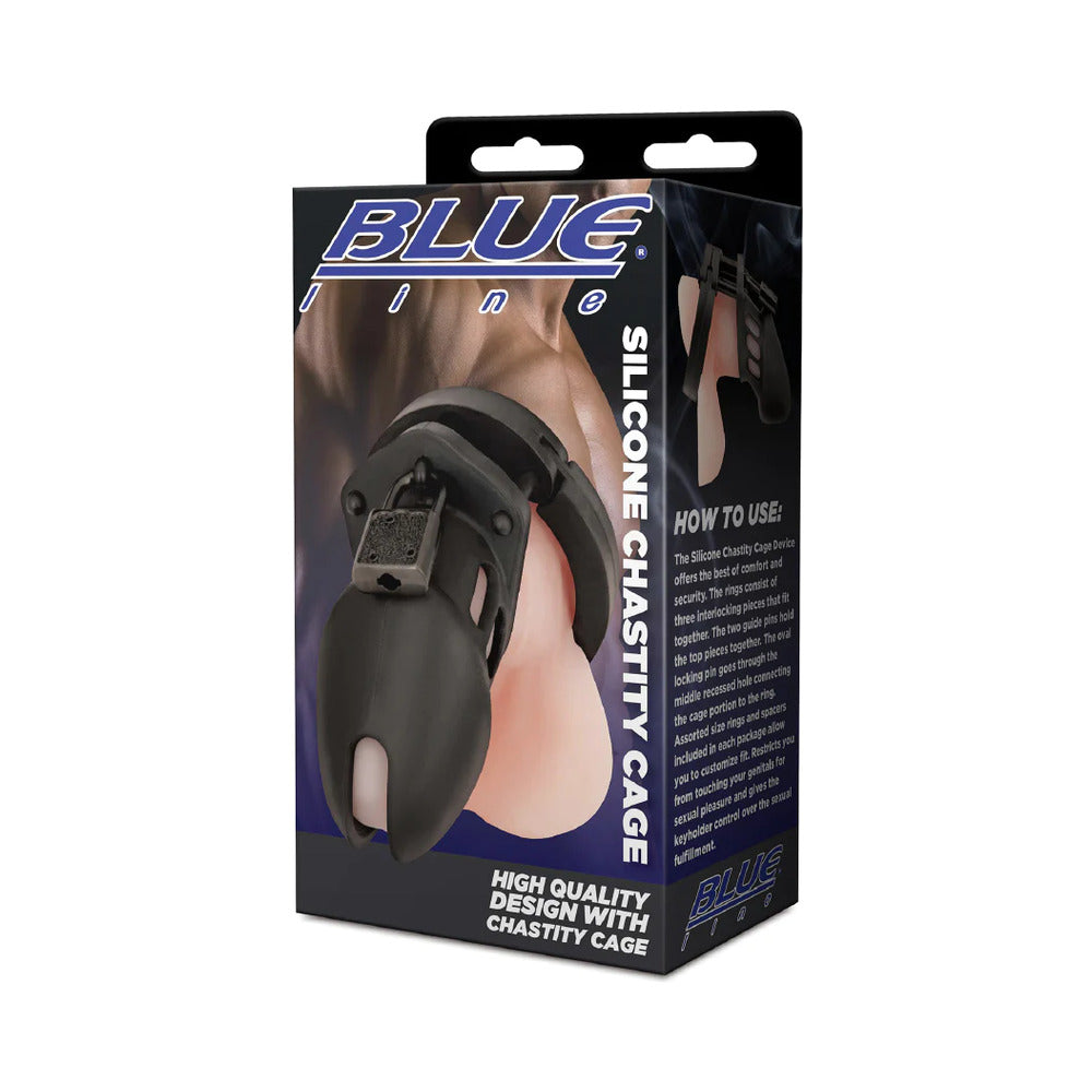 Blue Line Silicone Chastity Cage Black - Zateo Joy