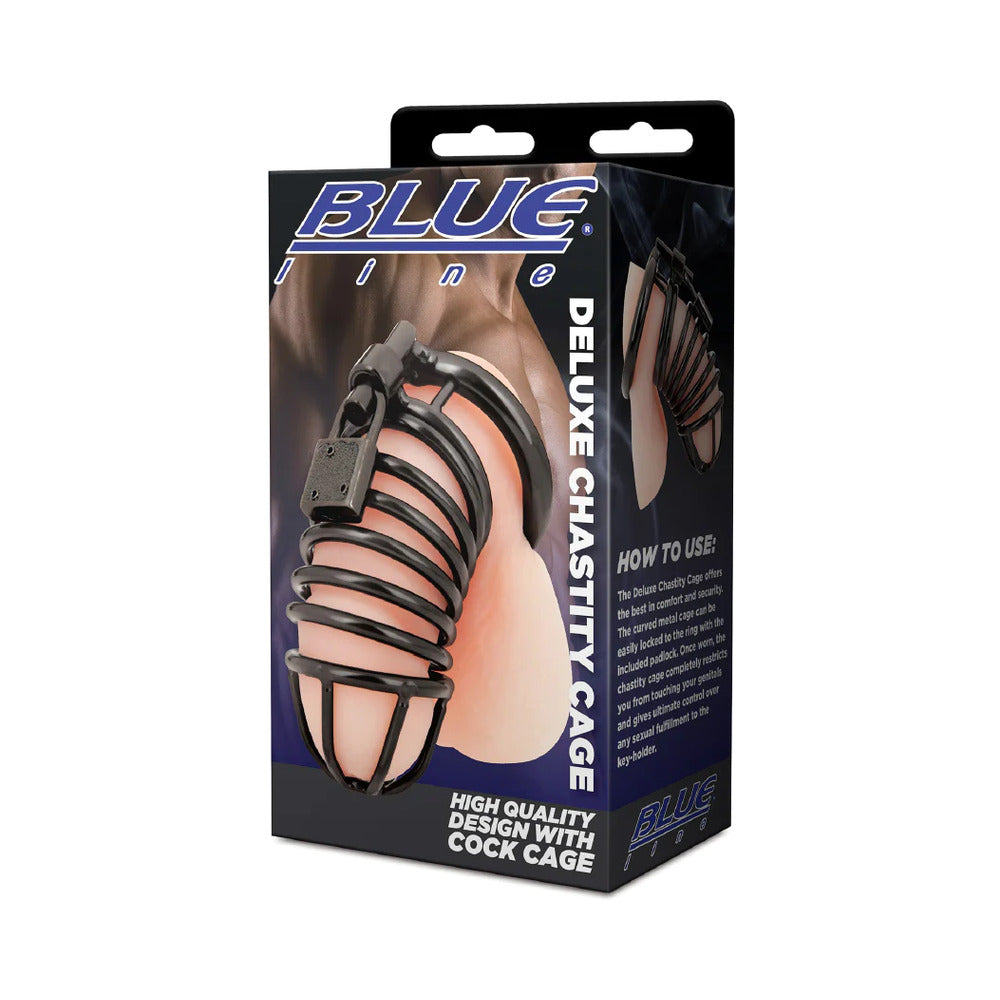 Blue Line Deluxe Chastity Cage Black - Zateo Joy