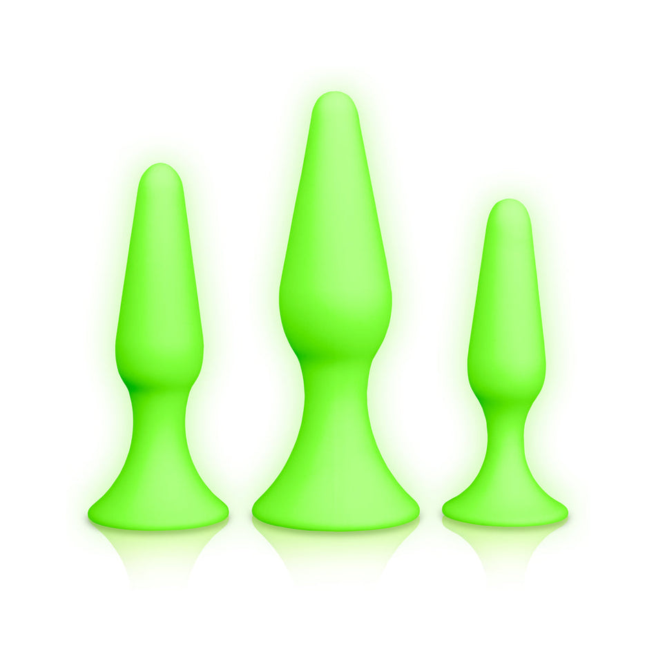 Ouch! Glow in the Dark 3-Piece Silicone Anal Plug Set Neon Green - Zateo Joy