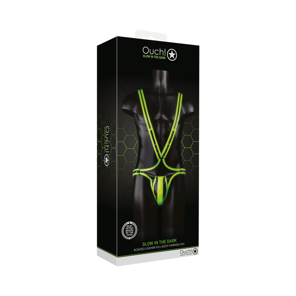 Ouch! Glow in the Dark Bonded Leather Full-Body Harness Neon Green S/M - Zateo Joy
