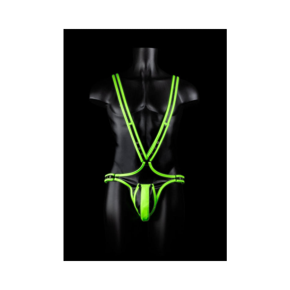 Ouch! Glow in the Dark Bonded Leather Full-Body Harness Neon Green S/M - Zateo Joy