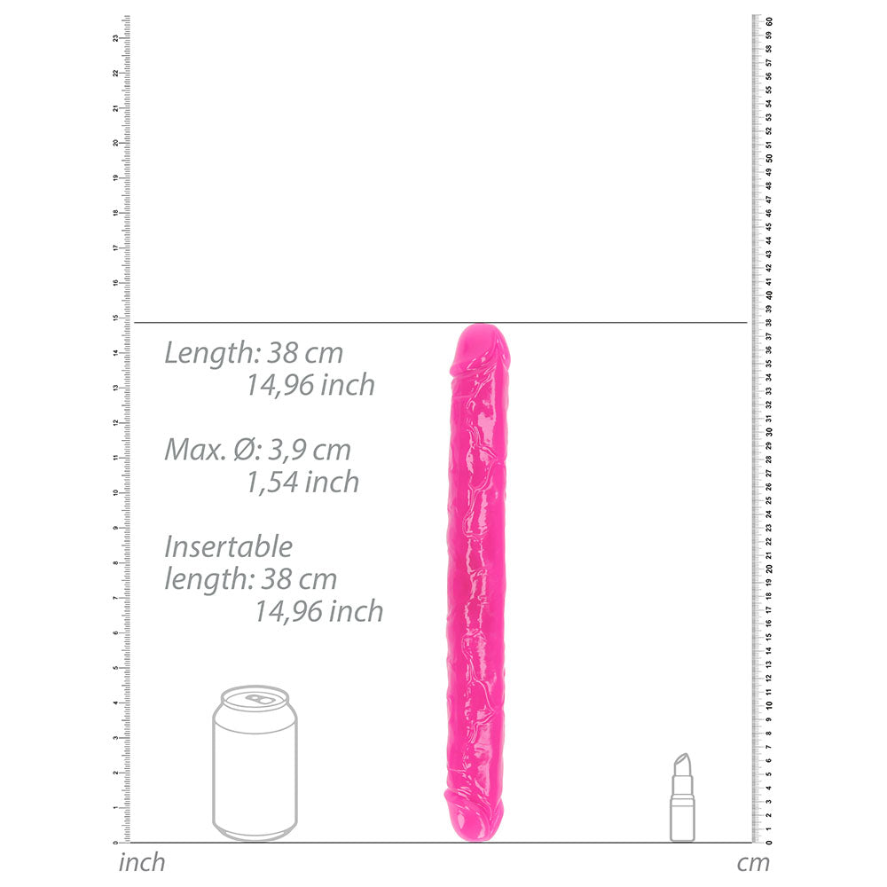 RealRock Glow in the Dark Double Dong 15 in. Dual-Ended Dildo Neon Pink - Zateo Joy