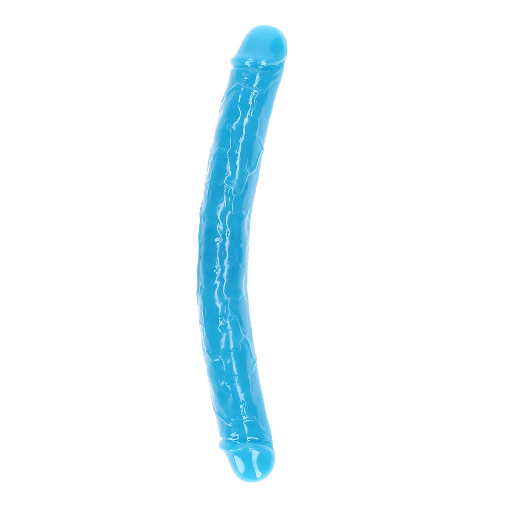 RealRock Glow in the Dark Double Dong 15 in. Dual-Ended Dildo Neon Blue - Zateo Joy