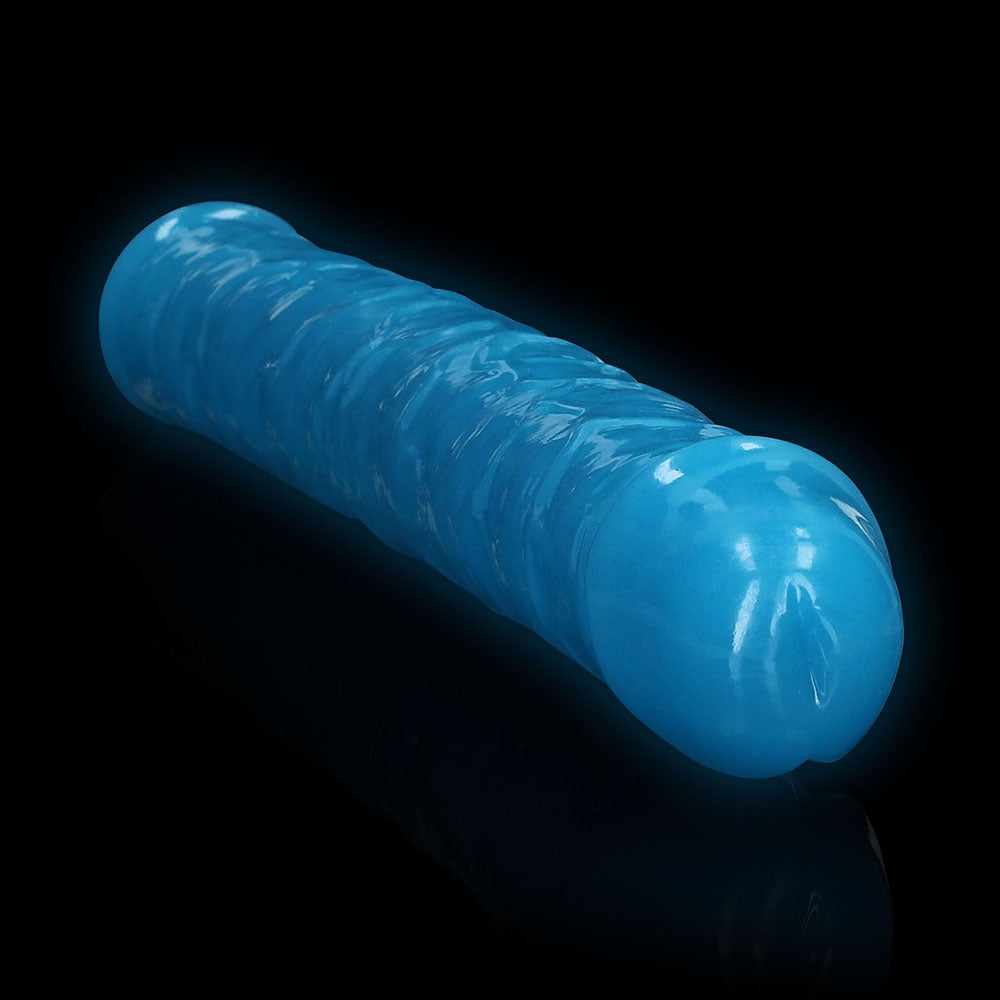 RealRock Glow in the Dark Double Dong 15 in. Dual-Ended Dildo Neon Blue - Zateo Joy