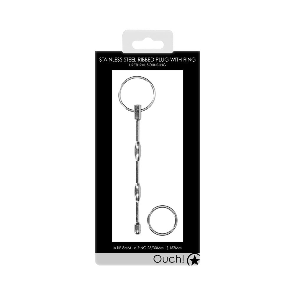 Ouch! Urethral Sounding Stainless Steel Ribbed Plug With Ring 8 mm - Zateo Joy