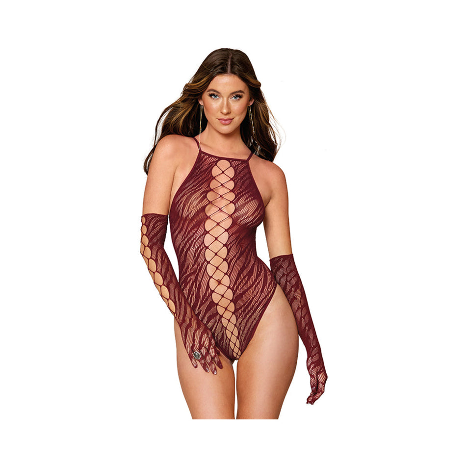 Dreamgirl Animal Print Fishnet High-Neck Teddy & Gloves Set Burgundy O/S - Zateo Joy