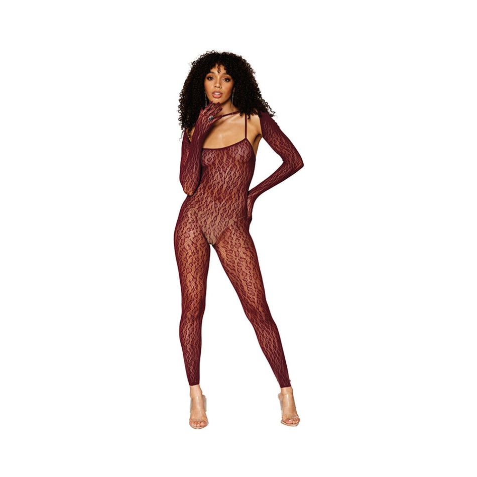 Dreamgirl Animal Print Fishnet Lace Bodystocking & Shrug Burgundy O/S - Zateo Joy