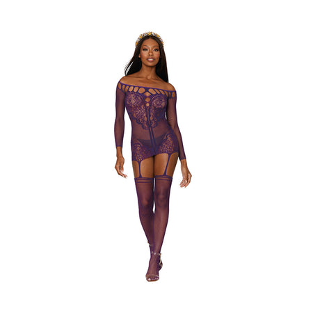 Dreamgirl Fishnet Lace Garter Dress With Attached Stockings Aubergine O/S - Zateo Joy