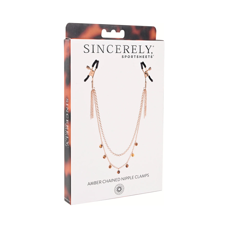 Sincerely, Sportsheets Amber Adjustable Chained Nipple Clamps Tortoiseshell - Zateo Joy