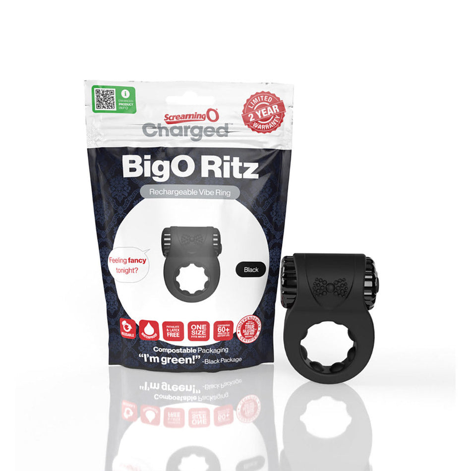 Screaming O Charged Big O Ritz Rechargeable Vibrating Silicone Cockring Black - Zateo Joy