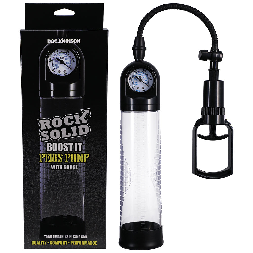 Rock Solid Boost It Penis Pump with Gauge Black/Clear - Zateo Joy