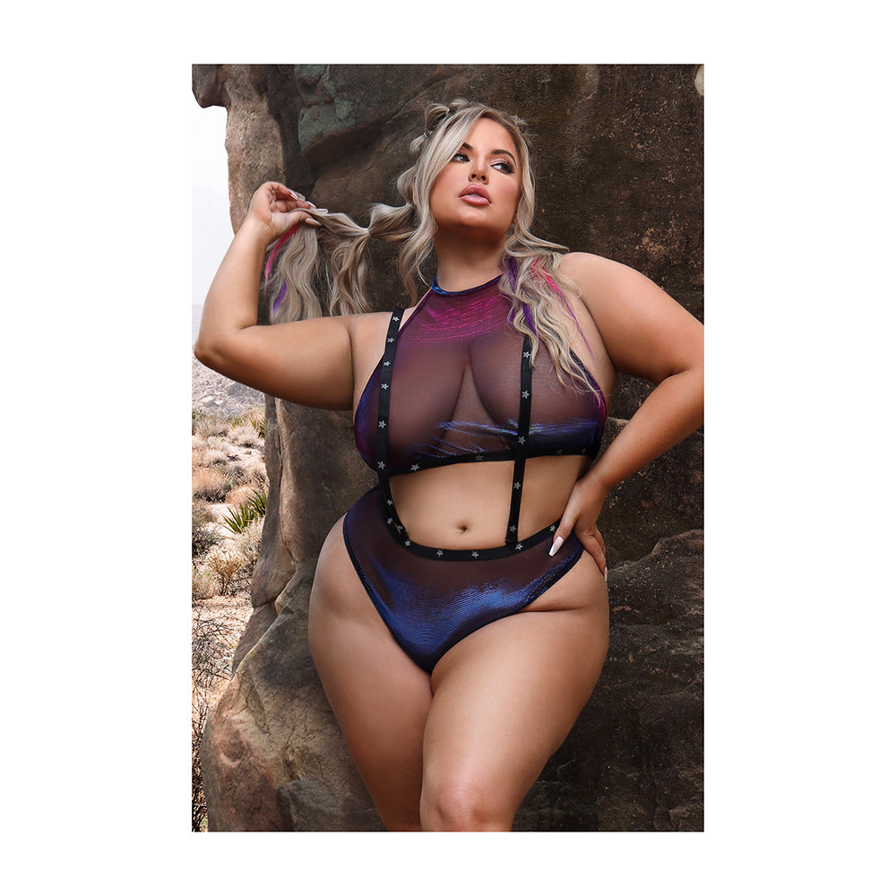 Fantasy Lingerie Vibes Stardust Iridescent Halter Top & Suspender Bottom Indigo Queen - Zateo Joy