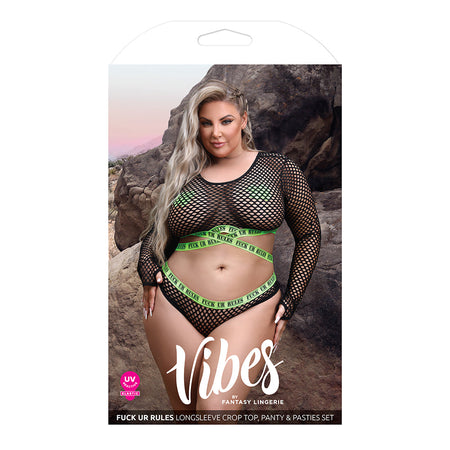 Vibes Fuck Ur Rules UV Reactive Longsleeve Fishnet Top, Panty, Pasties Black Queen - Zateo Joy