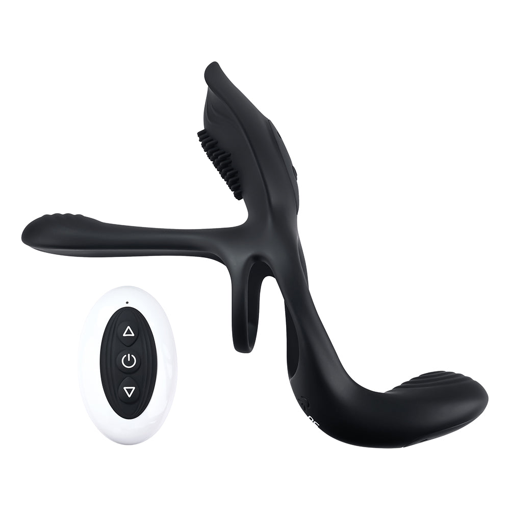 Playboy The 3 Way Rechargeable Remote Controlled Vibrating Silicone Cockring with Stimulator Black - Zateo Joy