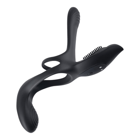 Playboy The 3 Way Rechargeable Remote Controlled Vibrating Silicone Cockring with Stimulator Black - Zateo Joy