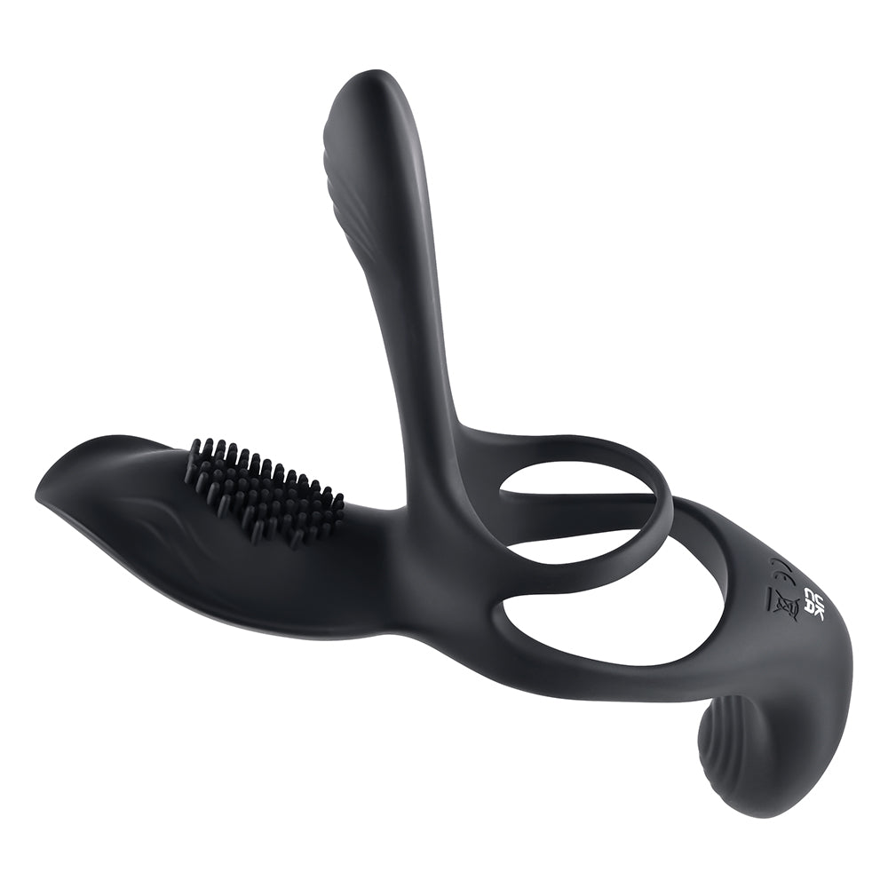 Playboy The 3 Way Rechargeable Remote Controlled Vibrating Silicone Cockring with Stimulator Black - Zateo Joy