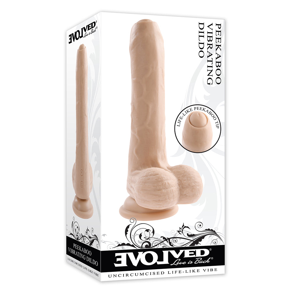 Evolved Peek A Boo Rechargeable Vibrating 8 in. Silicone Uncircumcised Dildo with Power Boost Light - Zateo Joy