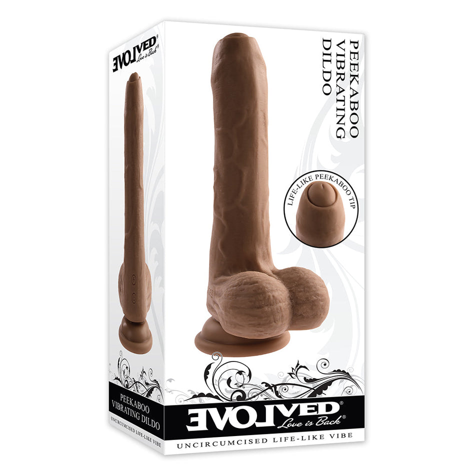 Evolved Peek A Boo Rechargeable Vibrating 8 in. Silicone Uncircumcised Dildo with Power Boost Dark - Zateo Joy
