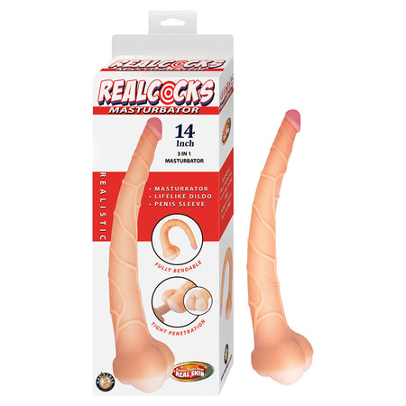 Realcocks Masturbator 14 in. 3-in-1 Dildo, Sleeve & Stroker Beige - Zateo Joy