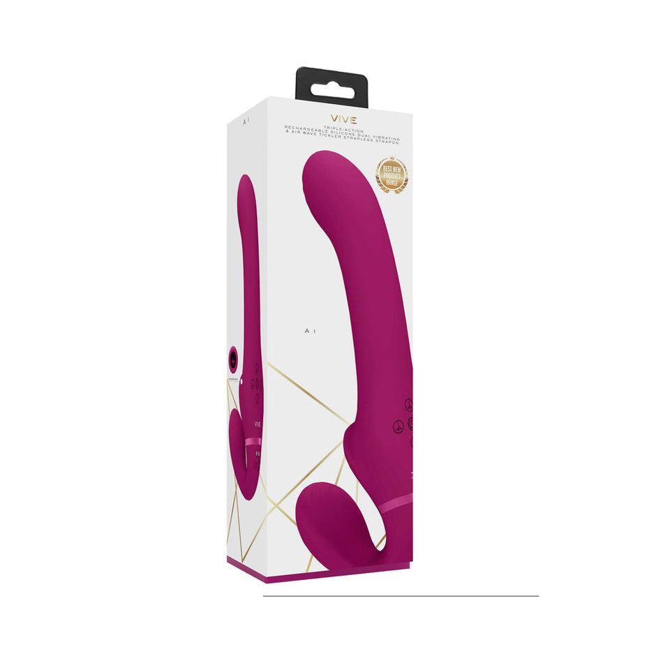 VIVE AI Rechargeable Dual Vibrating & Air Wave Tickler Silicone Strapless Strapon Pink - Zateo Joy